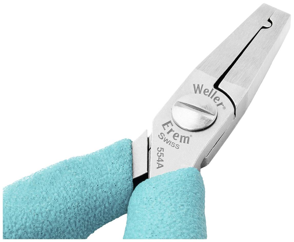 Srebrne szczypce z turkusowymi uchwytami i grawerem 'Weller'. Idealne do precyzyjnych prac, takich jak naprawy elektroniczne.