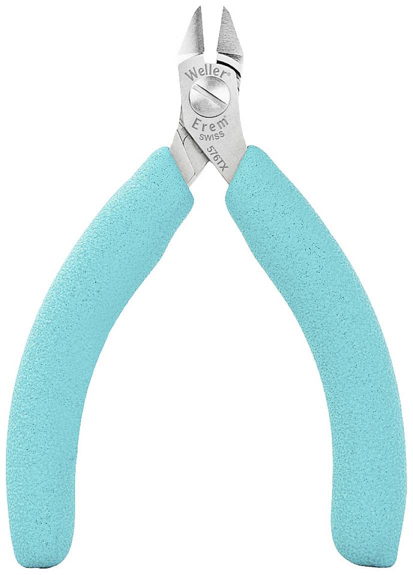 Szczypce boczne z niebiesko-zieloną izolacją i srebrnymi ostrzami, odpowiednie do cięcia przewodów i delikatnych materiałów.