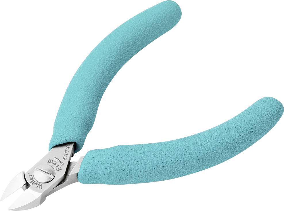 Niebieskie cążki boczne z antypoślizgowymi uchwytami, ostrza w pełni osłonięte. Odpowiednie do cięcia drutu lub delikatnych materiałów.