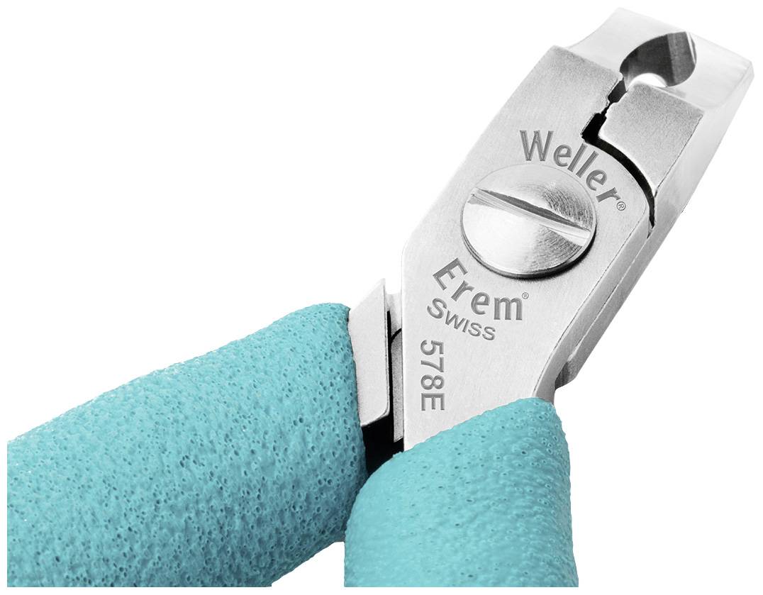 Obcinacz do paznokci z turkusowymi uchwytami gumowymi, marka Weller Erem Swiss, numer modelu 578E.