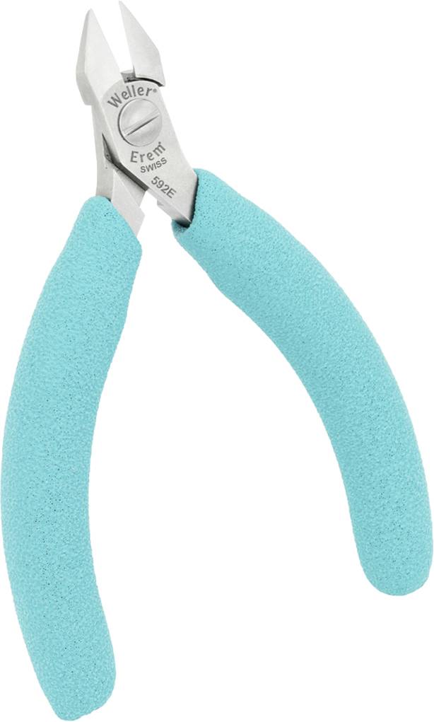 Nożyce do metalu z niebieskimi, antypoślizgowymi uchwytami; odpowiednie do cięcia cienkich przewodów lub cienkiego metalu.