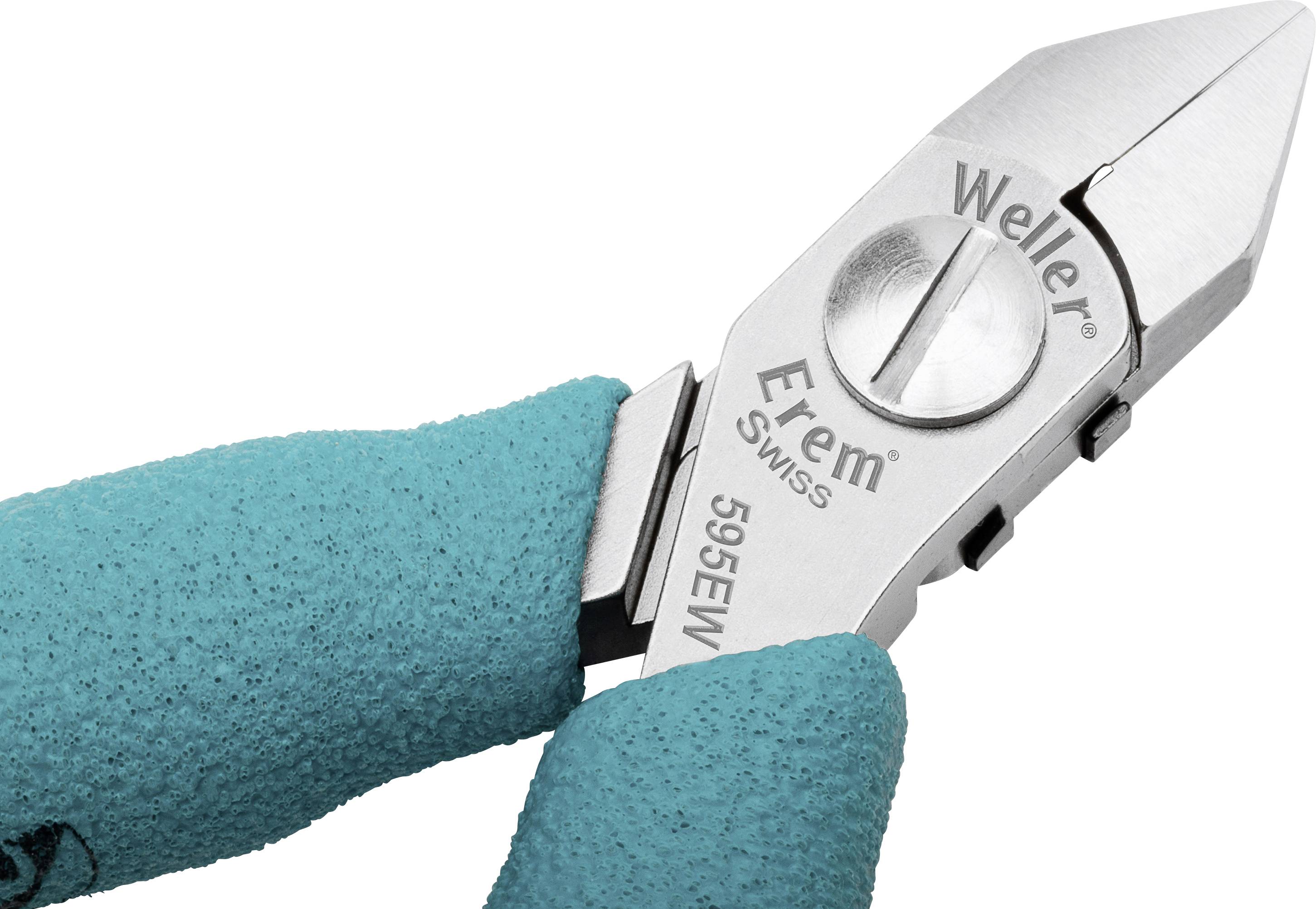 Szczypce skośne z turkusowymi uchwytami z napisem 'Weller Erem 595EW SWISS' na metalowej części.