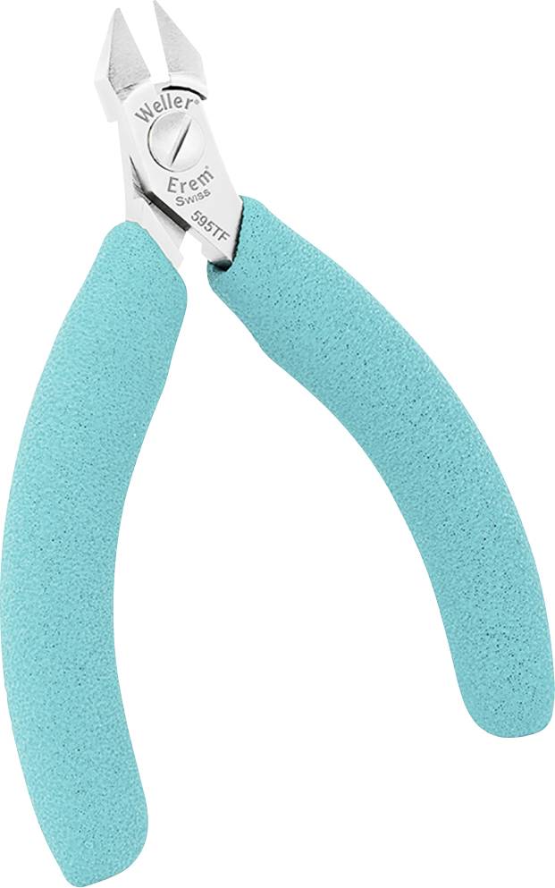 Srebrne cęgi boczne z turkusowymi uchwytami, przeznaczone do cięcia przewodów lub cienkich kabli w elektronice.