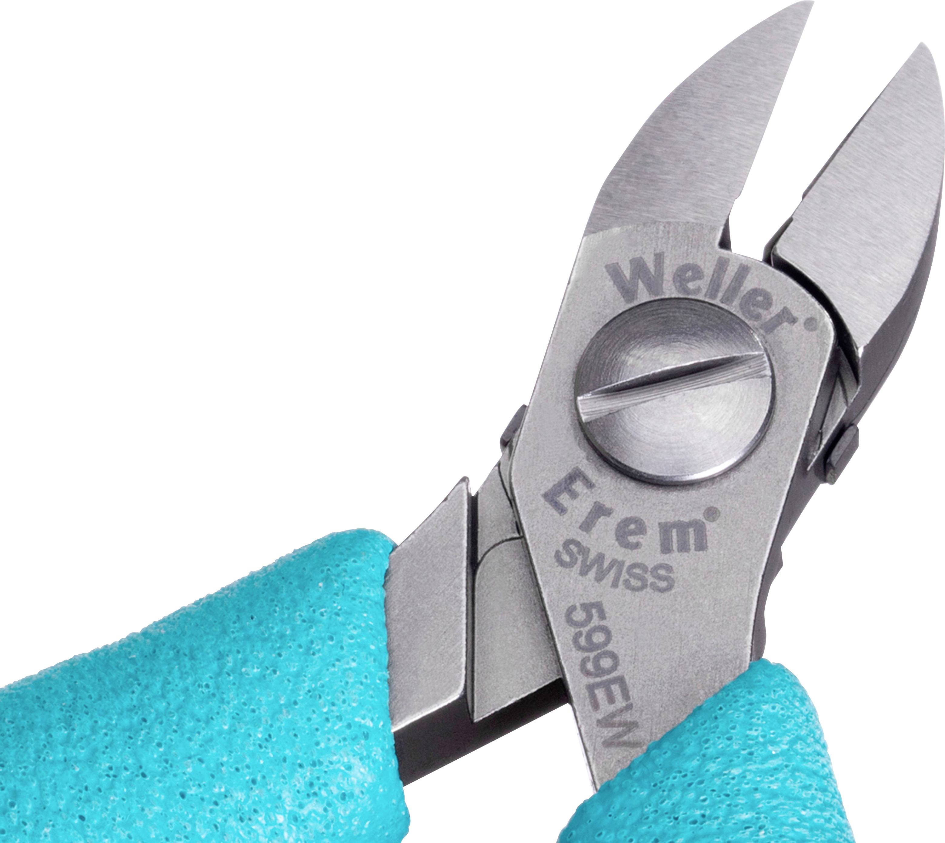 Szczypce z niebieskimi uchwytami, z napisem 'Weller Erem Swiss 599E/4', ostre metalowe ostrza. Narzędzie do precyzyjnych prac cięcia.