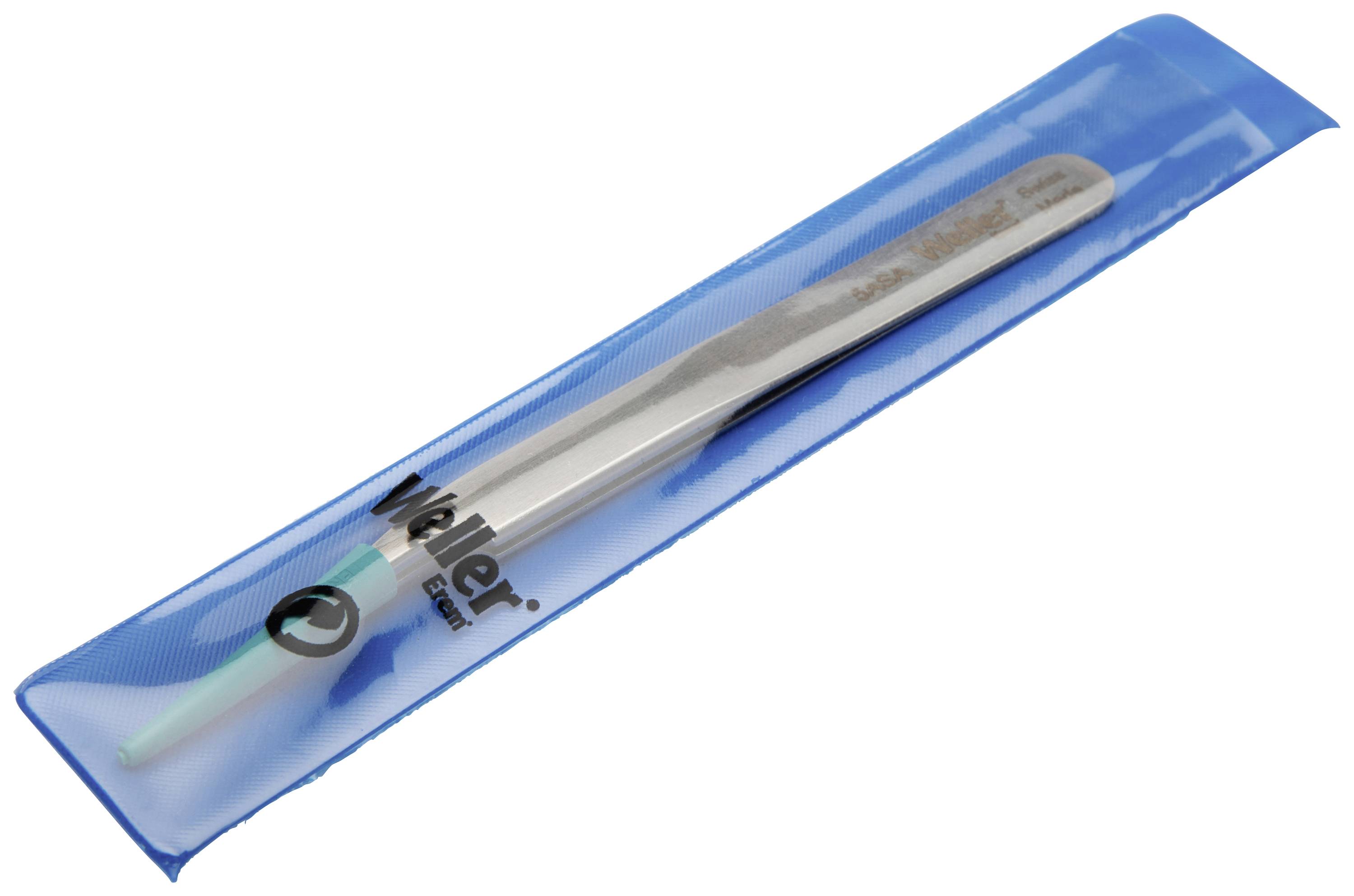 Metalowa pinceta w niebieskim plastikowym pokrowcu marki Weller. Pinceta posiada delikatne końcówki i jest odpowiednia do precyzyjnego chwytania małych obiektów.