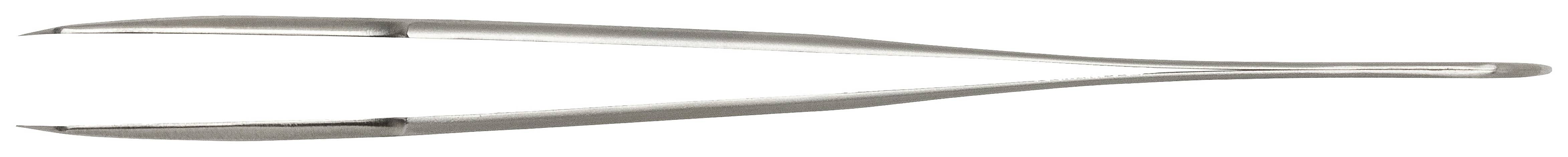 Srebrna pinceta o wąskich, spiczastych końcówkach, używana do chwytania małych obiektów lub wykonywania precyzyjnych prac.