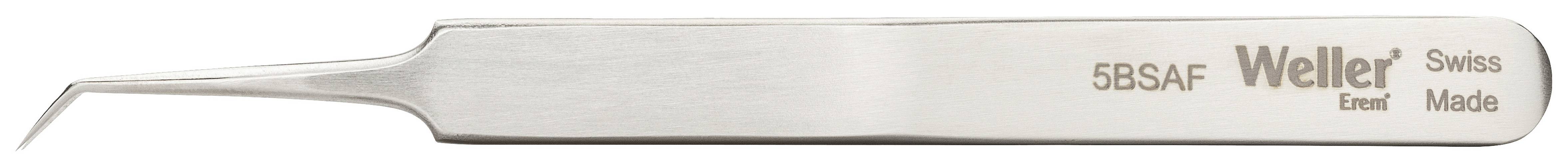 Zakrzywiona pęseta ze stali nierdzewnej, oznaczona napisem 'Weller'. Produkcja szwajcarska. Idealna do precyzyjnych prac, takich jak lutowanie lub montaż.