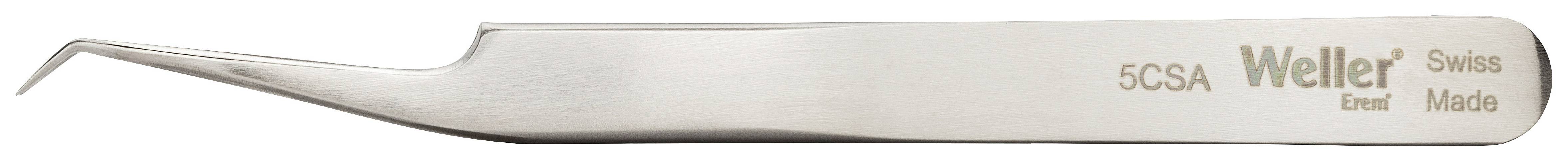 Pęseta o zagiętej końcówce, srebrna, z napisem 'Weller Swiss Made'. Odpowiednia do precyzyjnego chwytania i trzymania małych przedmiotów.