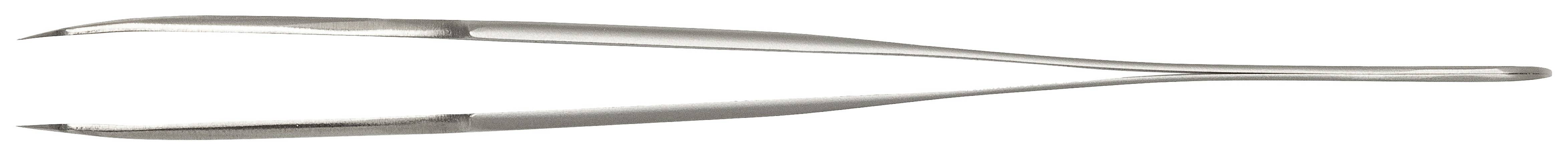 Srebrna pęseta o zakrzywionych końcówkach, lekko rozchylona, na białym tle.