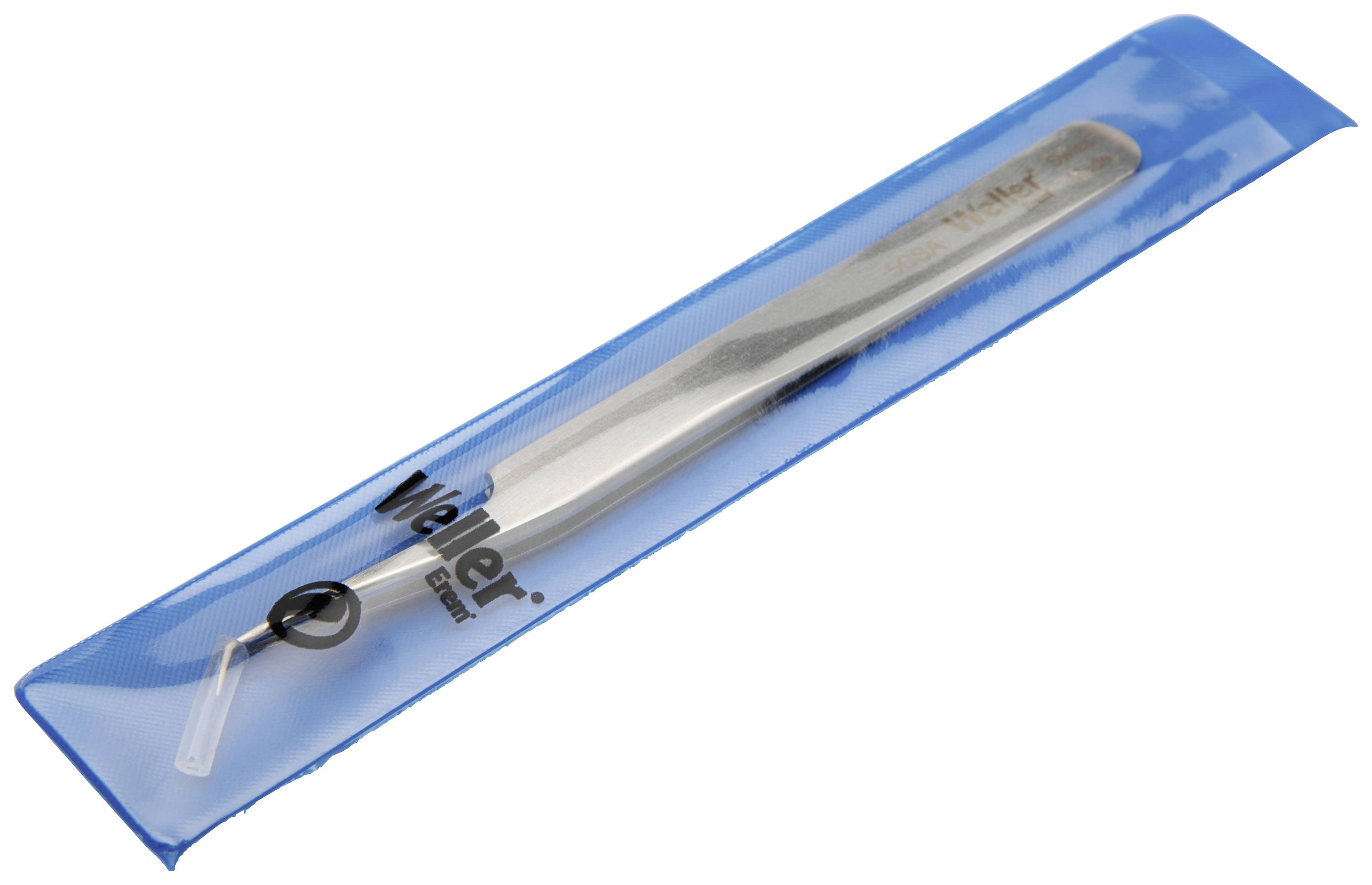 Metalowa pęseta w niebieskim opakowaniu plastikowym. Oznaczona logo 'Weller'.