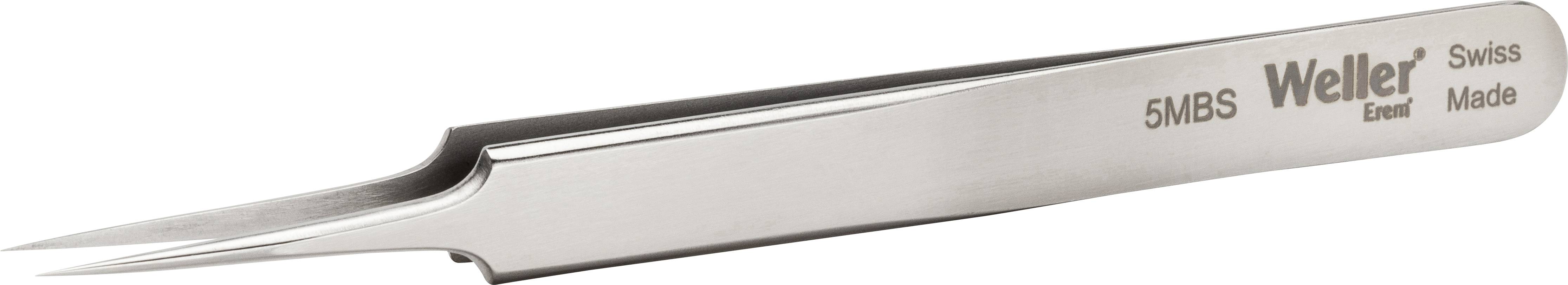 Srebrna pęseta z napisem 'Weller Erem Swiss Made 5MBS'. Posiada precyzyjnie zakrzywiony czubek.