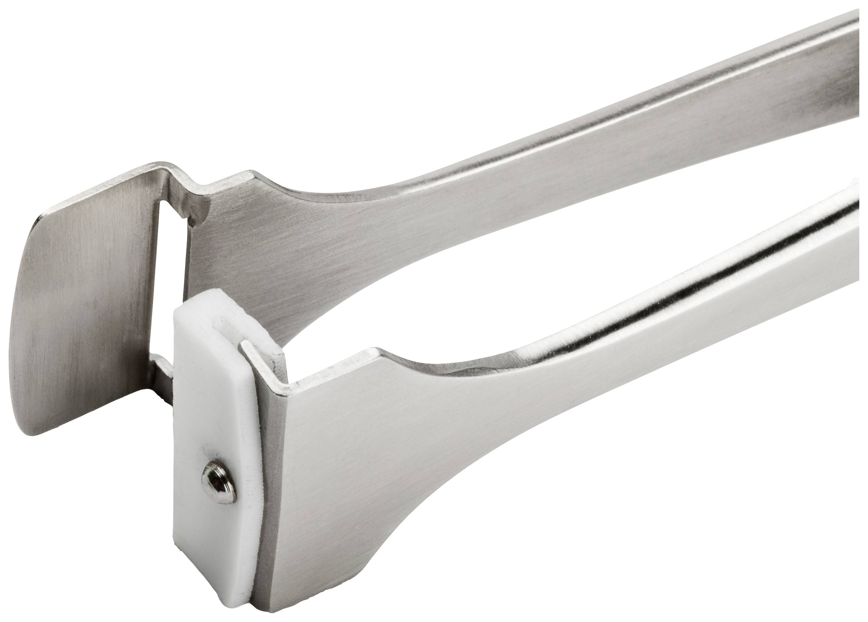 Pęseta metalowa z białą końcówką z tworzywa sztucznego, odpowiednia do precyzyjnego manipulowania małymi elementami lub delikatnymi materiałami.