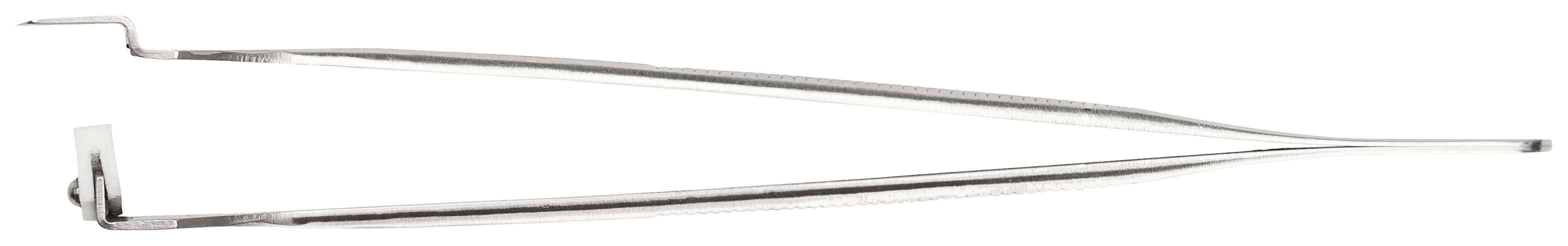 Długa pinceta srebrna z wygiętym czubkiem, często stosowana w zastosowaniach medycznych lub naukowych.