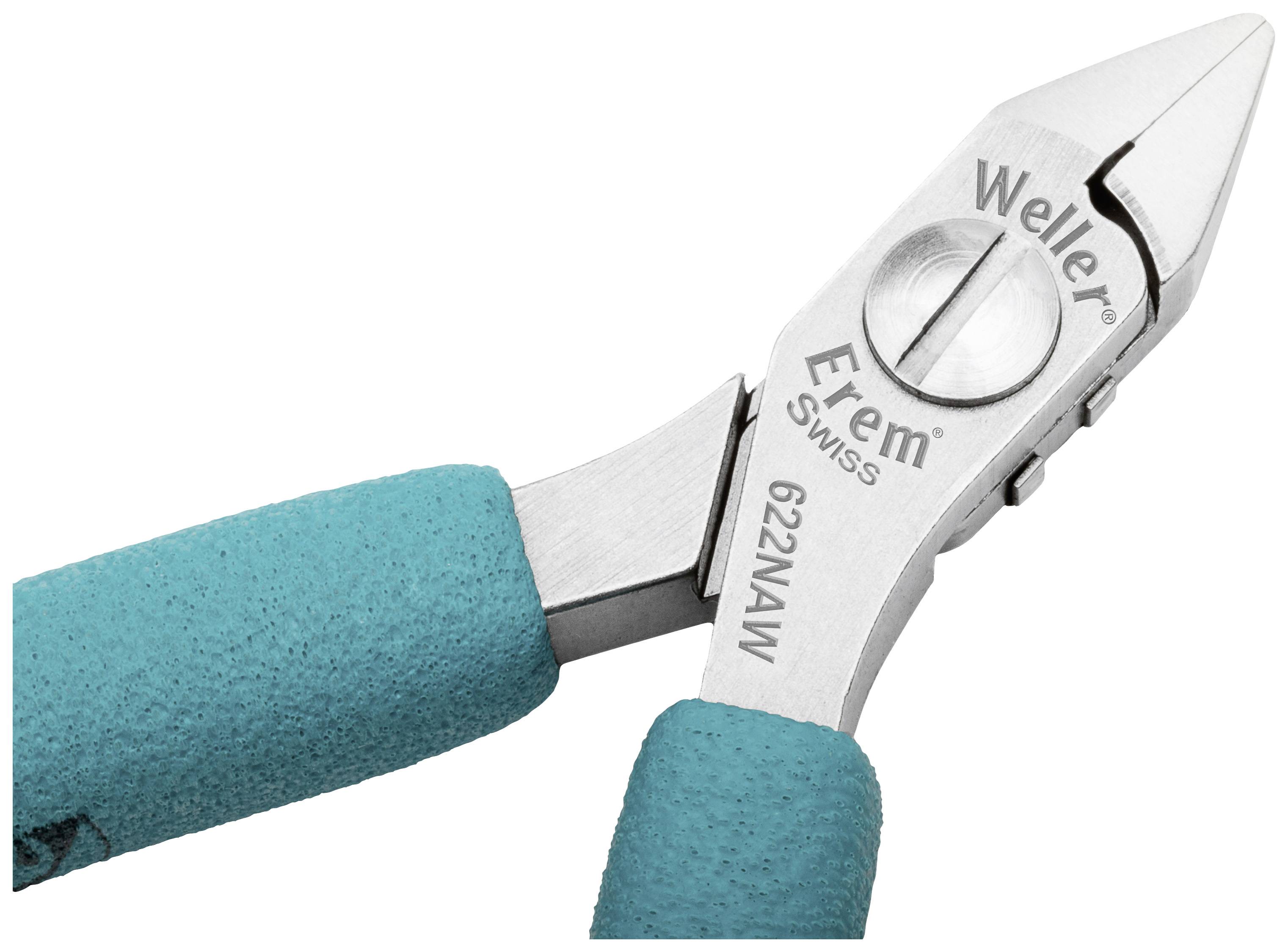 Zbliżenie szczypiec bocznych z uchwytami w kolorze turkusowym i napisem 'Weller Erem Swiss 622NAW' na ostrzu.