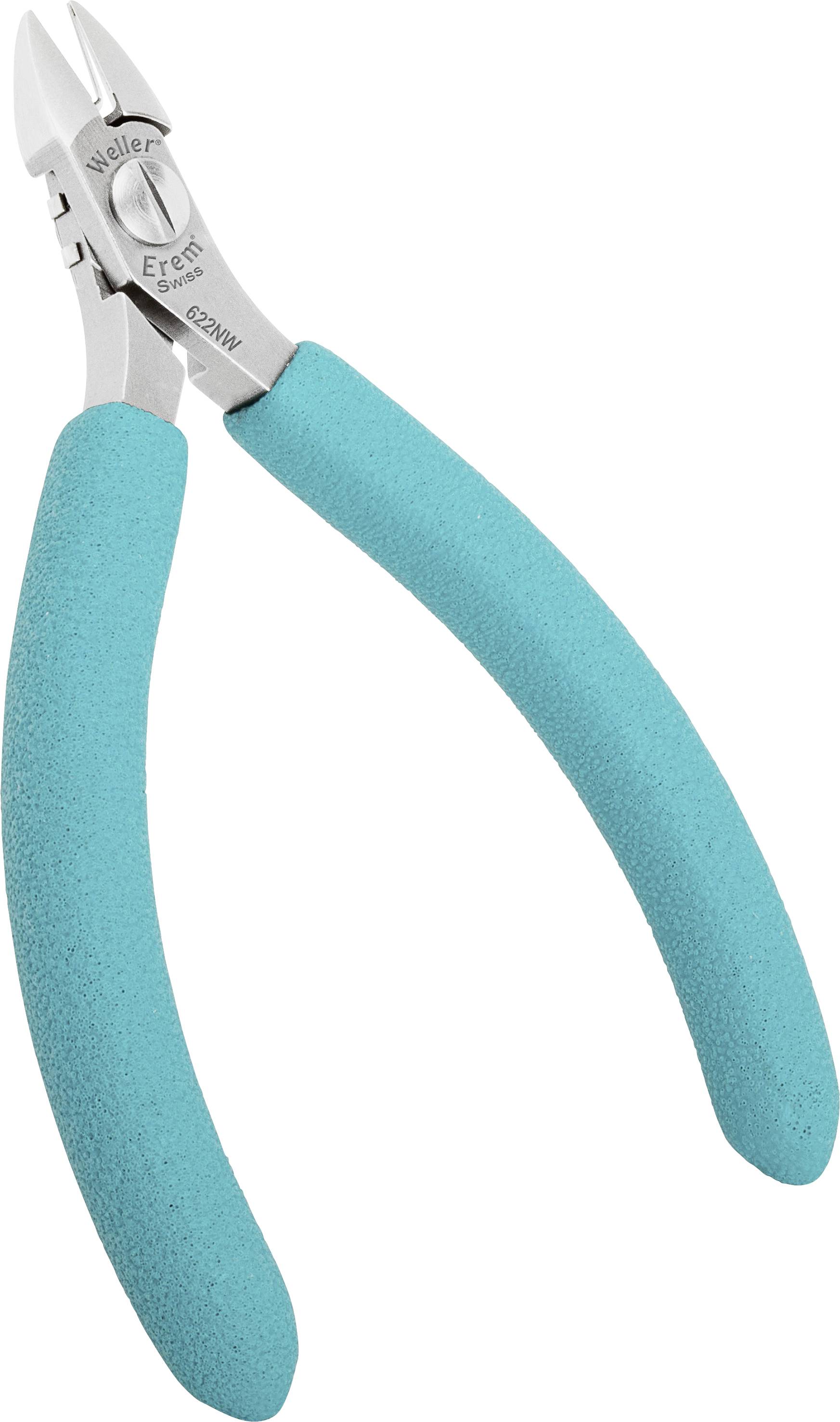 'Obcinaczki boczne z turkusowymi uchwytami i srebrnym ostrzem. Narzędzie do cięcia drutu lub małych elementów metalowych.'