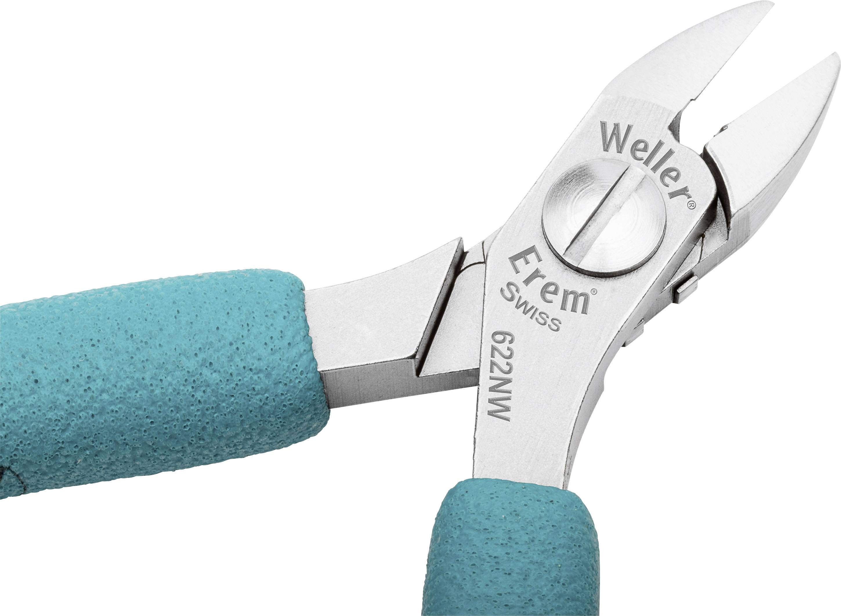 Szczypce tnące Weller Erem 622NW z turkusowymi uchwytami, przeznaczone do precyzyjnego cięcia cienkich przewodów i elementów elektronicznych.