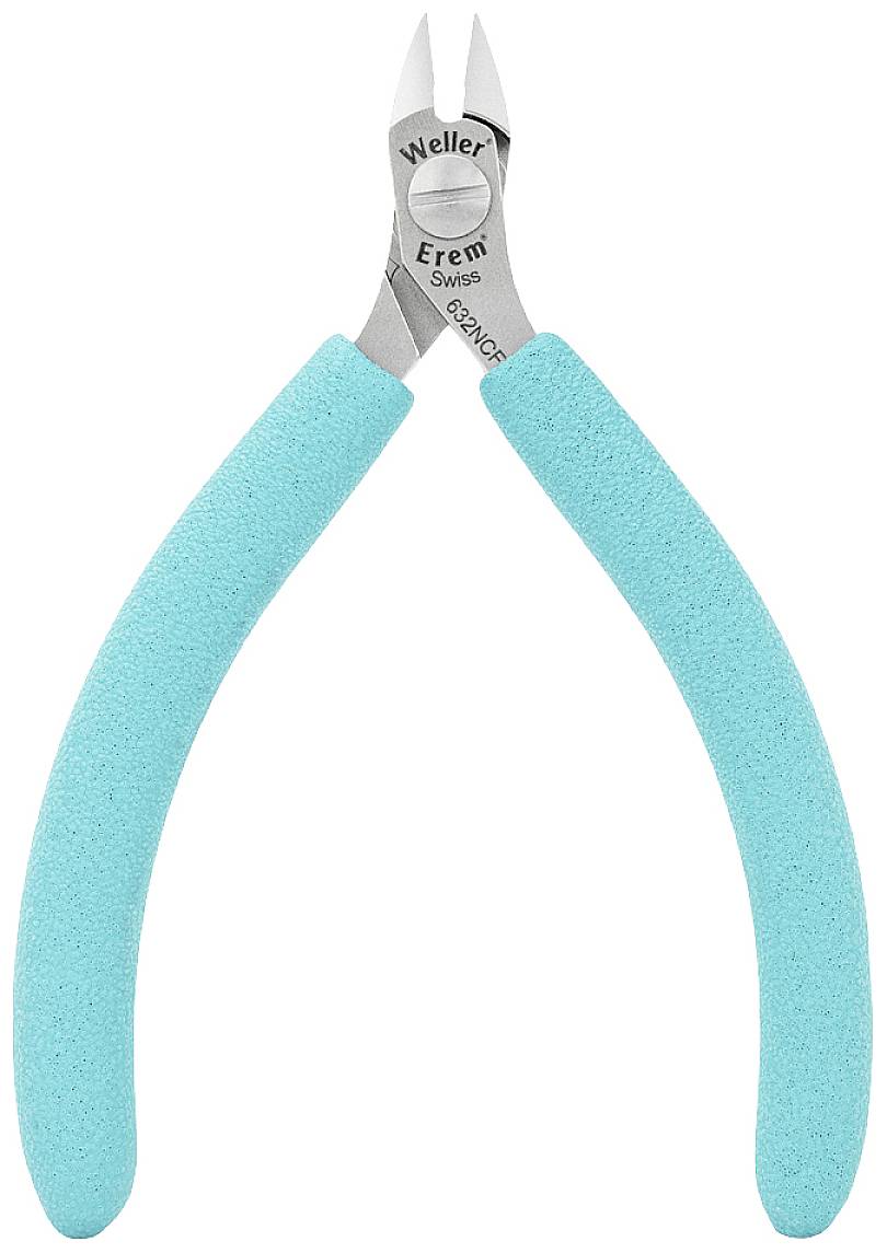 Szczypce z turkusowymi uchwytami, odpowiednie do precyzyjnego cięcia przewodów lub cienkich elementów metalowych.