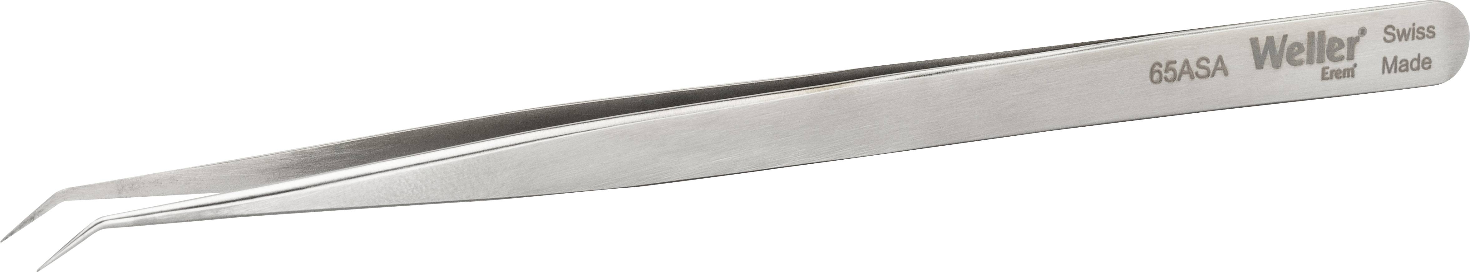 Pęseta metalowa z zagiętymi końcówkami, z grawerem 'Weller Erem Swiss Made 65SA' na uchwycie.