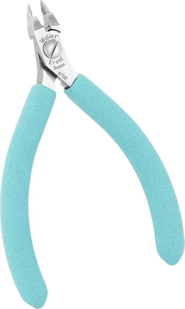 Pokazano szczypce z turkusowymi uchwytami. Metalowy czubek jest zamknięty, a na nim widoczny jest napis.