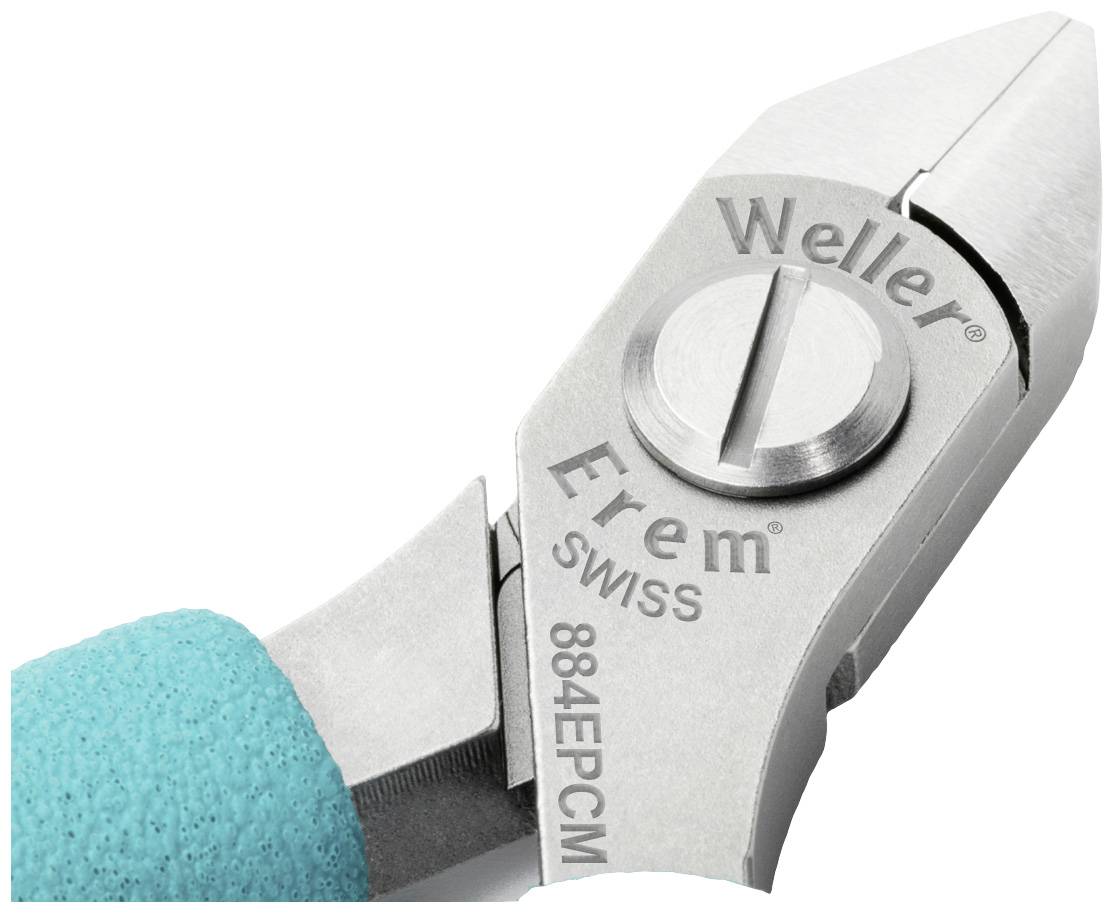 Zbliżenie bocznego narzędzia tnącego marki 'Weller Erem', model 8884EPC, z ergonomicznym uchwytem wykonanym z turkusowego materiału.