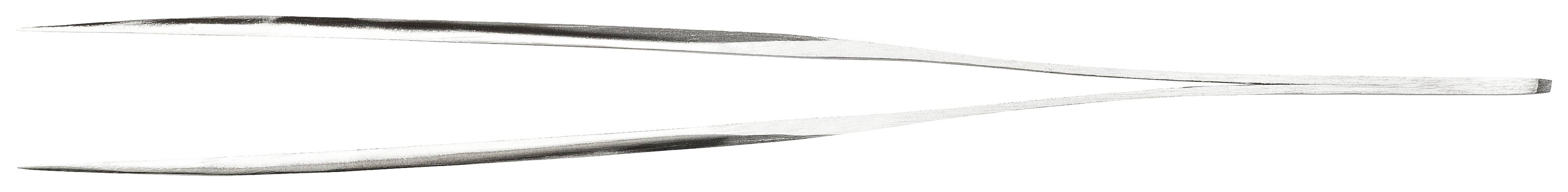 Srebrna pęseta na białym tle, długa i cienka, do precyzyjnego chwytania małych obiektów.