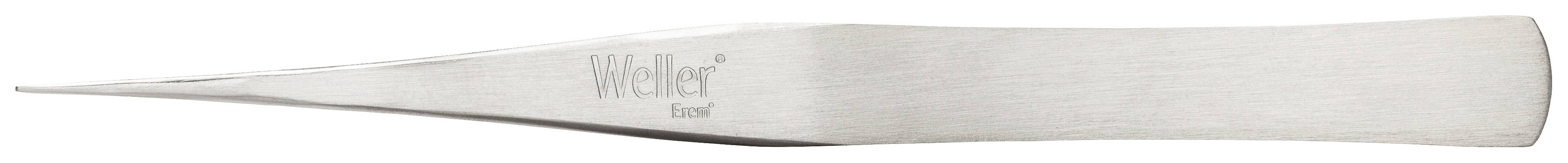Pęseta ze stali nierdzewnej firmy Weller z cienkim czubkiem, sfotografowana z boku.