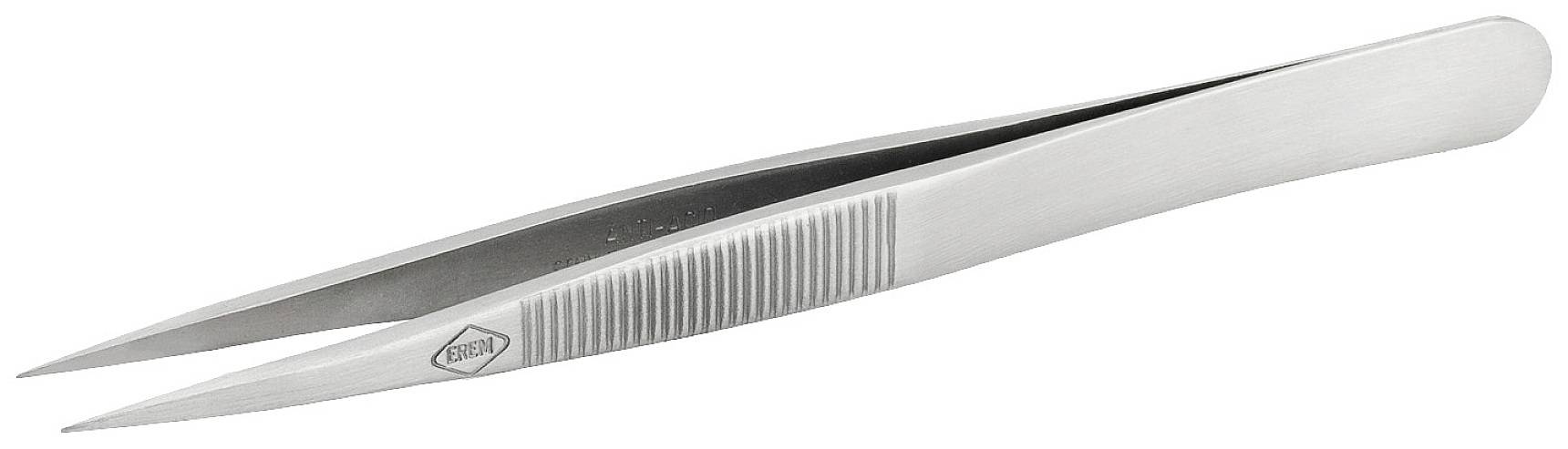 Srebrna pęseta o špiczastych końcówkach i żebrowanym uchwycie do precyzyjnego chwytania małych przedmiotów.