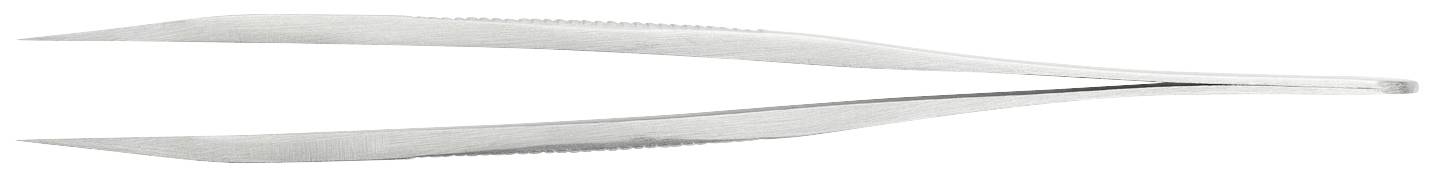 Srebrna pęseta o ostrych końcówkach, lekko rozchylona. Odpowiednia do precyzyjnych prac, takich jak usuwanie małych obiektów.