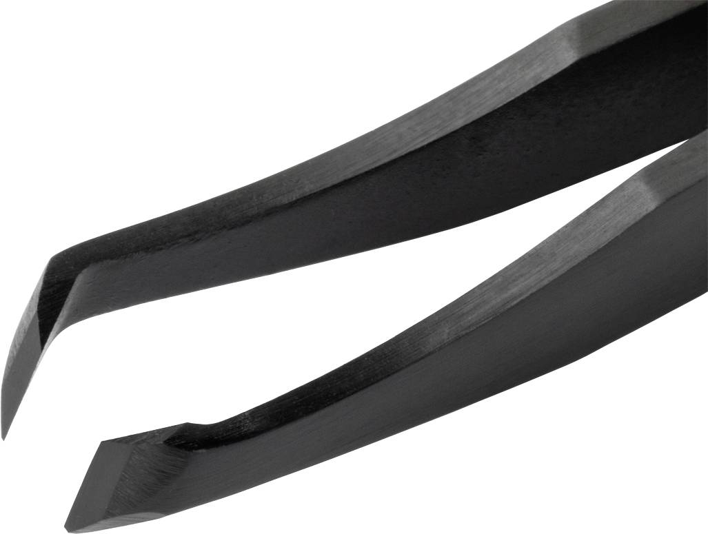 Czarna pinceta o skośnych końcówkach, która umożliwia precyzyjne chwytanie obiektów.