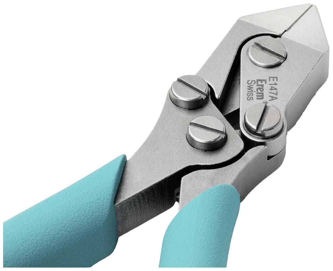 Srebrne szczypce z niebieskimi uchwytami, oznaczone napisem 'Erem 5747A Swiss', charakteryzują się precyzyjnymi ostrzami, idealnymi do delikatnych prac.