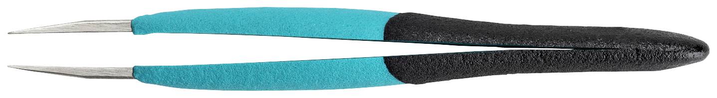 Czarna i niebieska pęseta o spiczastych końcówkach, używana do precyzyjnego chwytania małych obiektów.