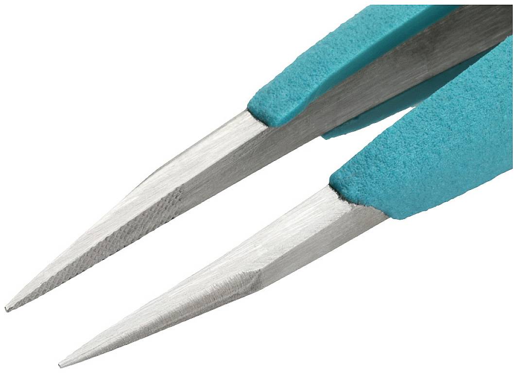 Zbliżenie na dwie precyzyjne pincety z niebieskimi uchwytami.