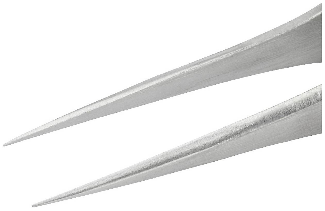 Dwie metalowe końcówki nachylone skośnie w dół na białym tle. Wyglądają ostre i lśnią srebrnym blaskiem.