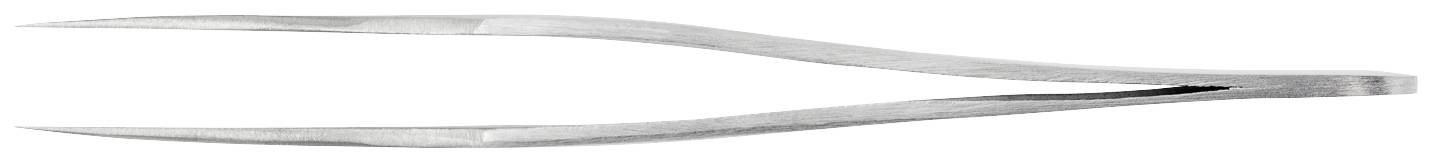 Srebrna pęseta o zakrzywionym kształcie leży płasko na białej powierzchni.