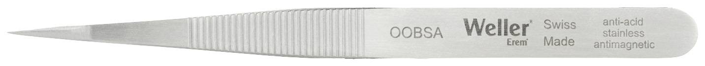 Pęseta 'Weiler' ze stali nierdzewnej, produkowana w Szwajcarii z napisem 'inox' oznaczającym odporność na korozję oraz 'antimagnetisch' wskazującym na właściwości antymagnetyczne.