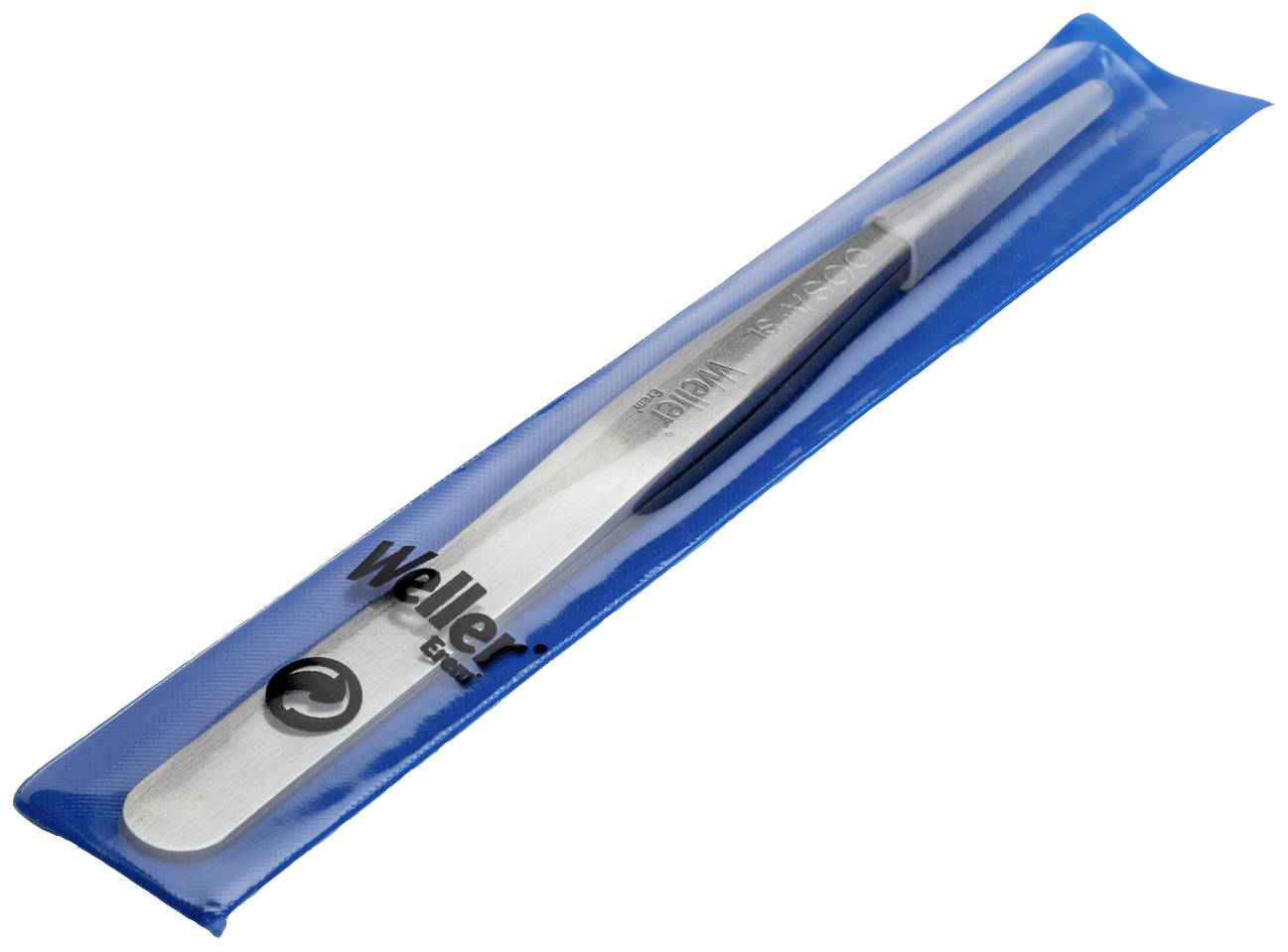 Pęseta ze stali nierdzewnej 'Weller' w niebieskim opakowaniu, zwężająca się ku końcowi, przeznaczona do precyzyjnych prac w elektronice lub mikroelektromechanice.