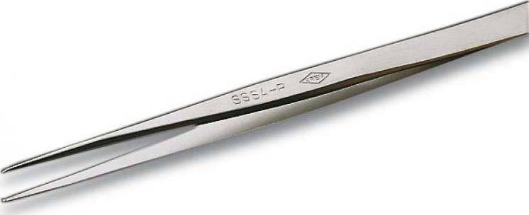 Delikatna, metalowa pinceta ze szpiczastymi końcówkami, często stosowana w laboratoriach lub podczas precyzyjnych prac.
