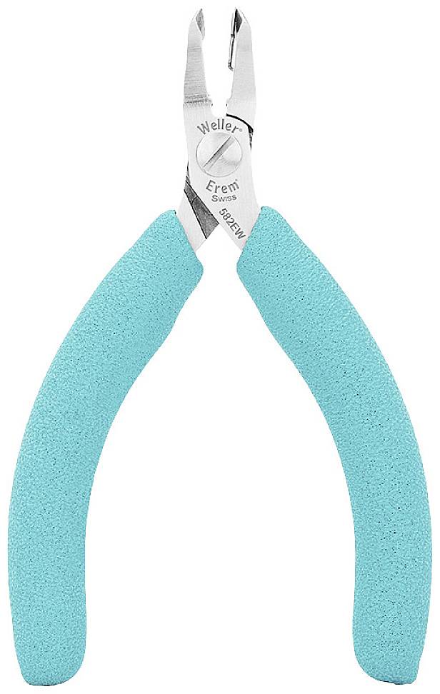 Zielono-niebieski obcinacz boczny, narzędzie z wygiętymi uchwytami i ostrym czubkiem.