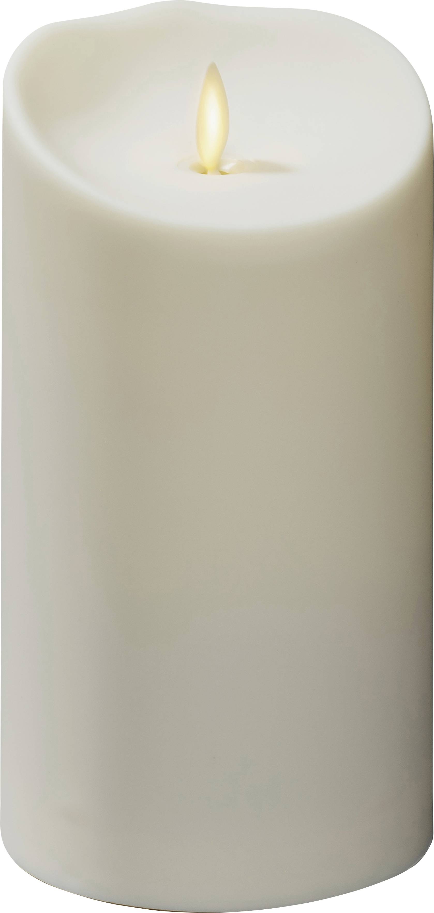 Duża biała świeca z płonącym płomieniem, która zapewnia delikatne oświetlenie w ciemnym pomieszczeniu.