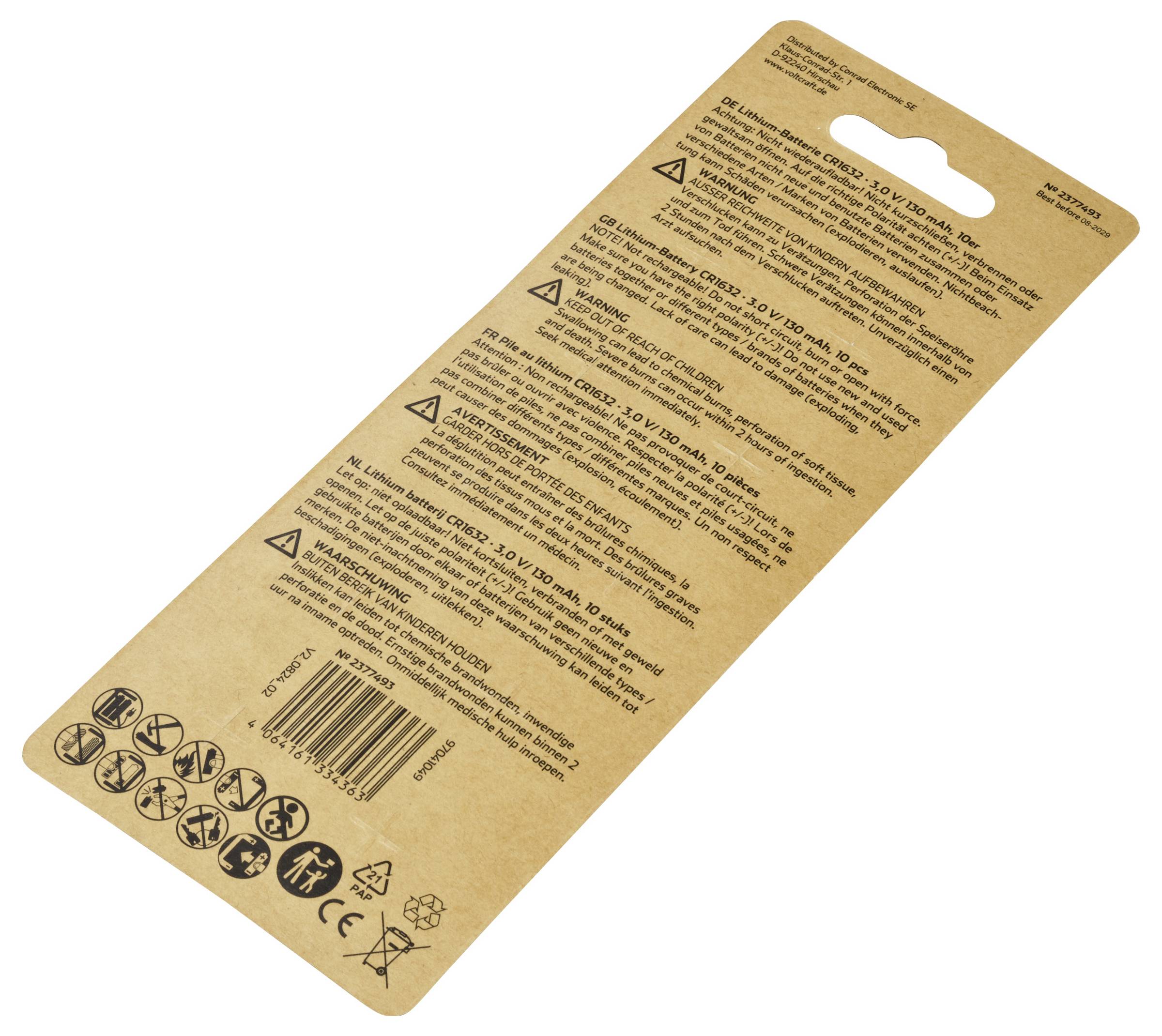 Opakowanie baterii z ostrzeżeniami i symbolami dotyczącymi utylizacji i recyklingu na brązowym kartonie. Tekst w kilku językach.