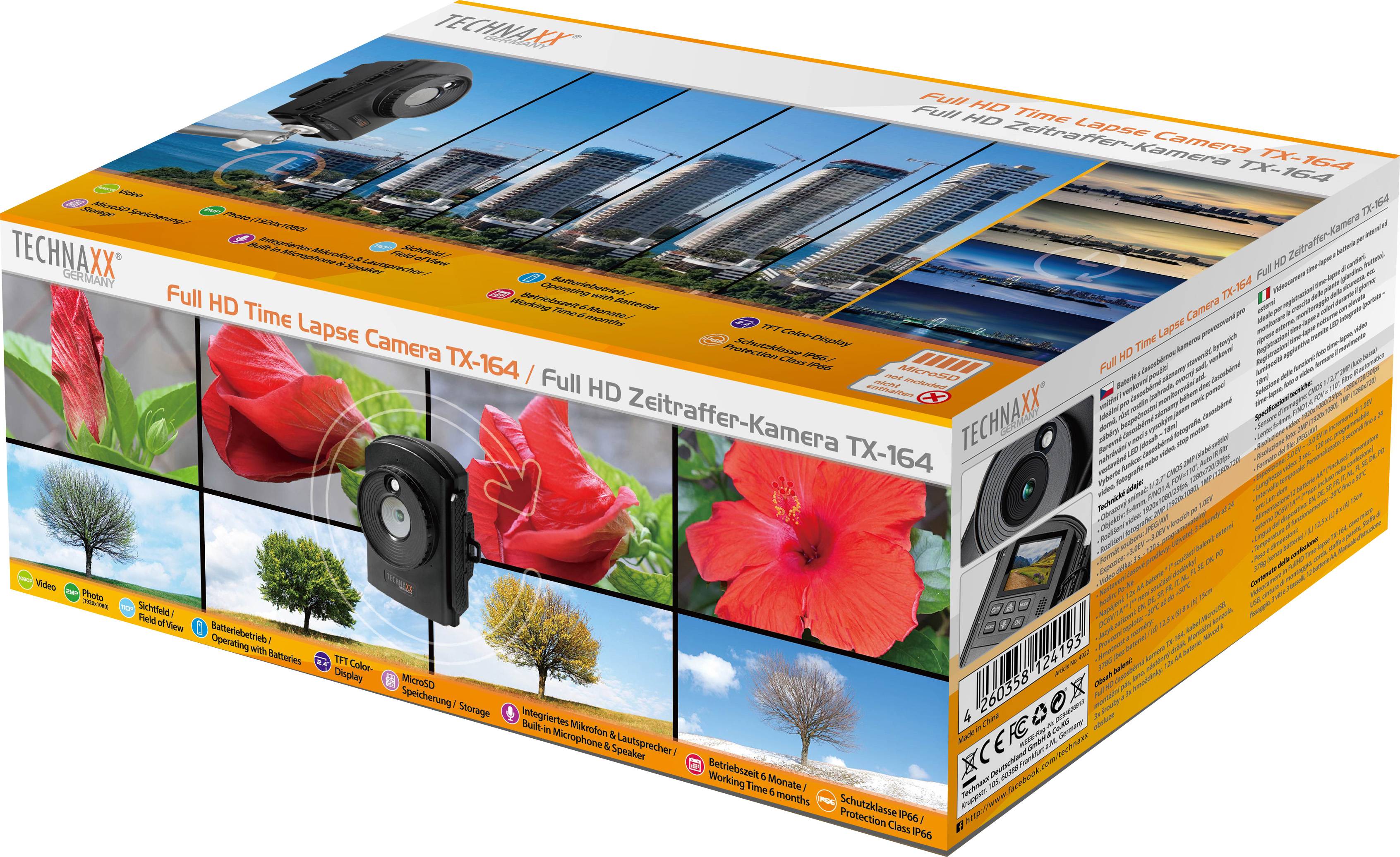 Opakowanie kamery Full HD do zdjęć poklatkowych TX-164. Prezentuje różnorodne motywy przyrodnicze i widoki miejskie wraz z cechami produktu.