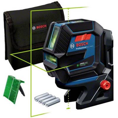 Laser liniowy Bosch z torbą, tarczą celowniczą i bateriami. Urządzenie wyświetla zielone linie poziome i pionowe do precyzyjnego wyrównywania.
