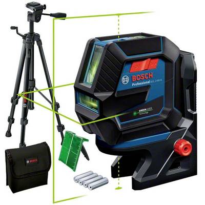 Zestaw poziomnicy laserowej z zielonym promieniem laserowym. Zawiera statyw, torbę, baterie i tablicę celowniczą. Marka 'Bosch Professional'.