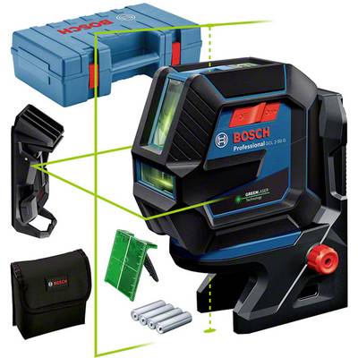 Laser liniowy Bosch Professional z akcesoriami: walizka transportowa, uchwyt ścienny, tarcza celownicza i baterie.