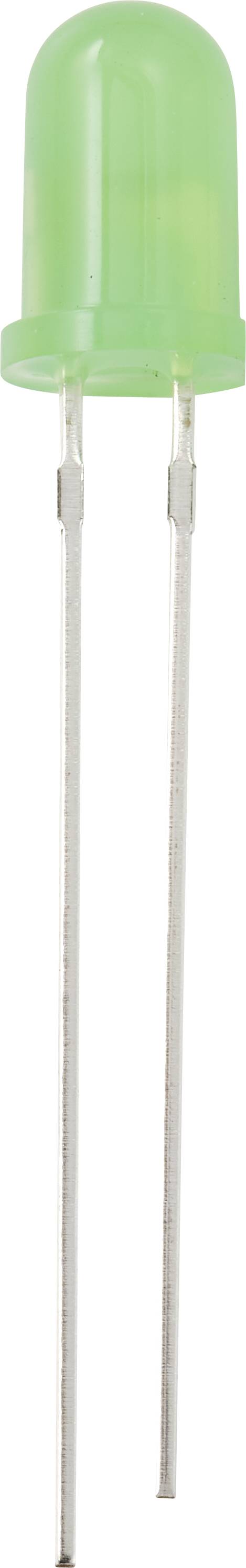 Zielona dioda LED z dwoma przewodami przyłączeniowymi.