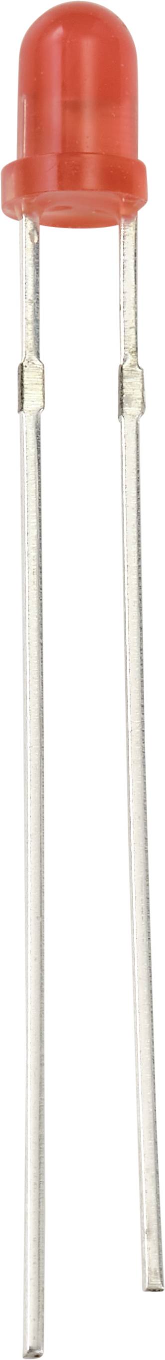 Czerwona dioda LED z dwoma metalowymi przyłączami, jednym dłuższym od drugiego, na białym tle.