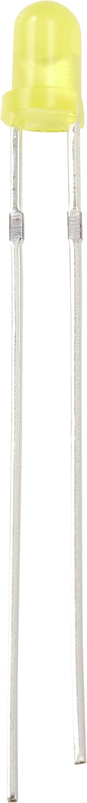 Żółta dioda LED z dwoma przewodami przyłączeniowymi, ustawiona pionowo. Stosowana w obwodach elektronicznych do wskazywania przepływu prądu.
