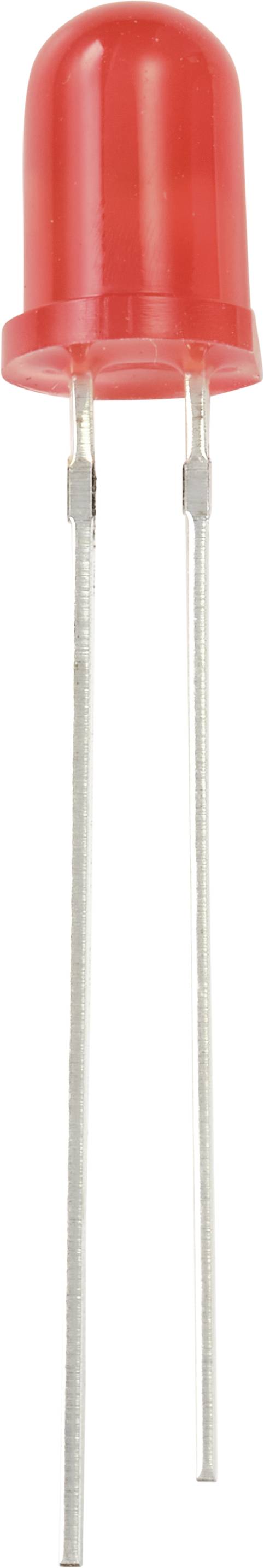 Czerwona dioda LED z dwoma metalowymi stykami, ustawiona pionowo na białym tle.