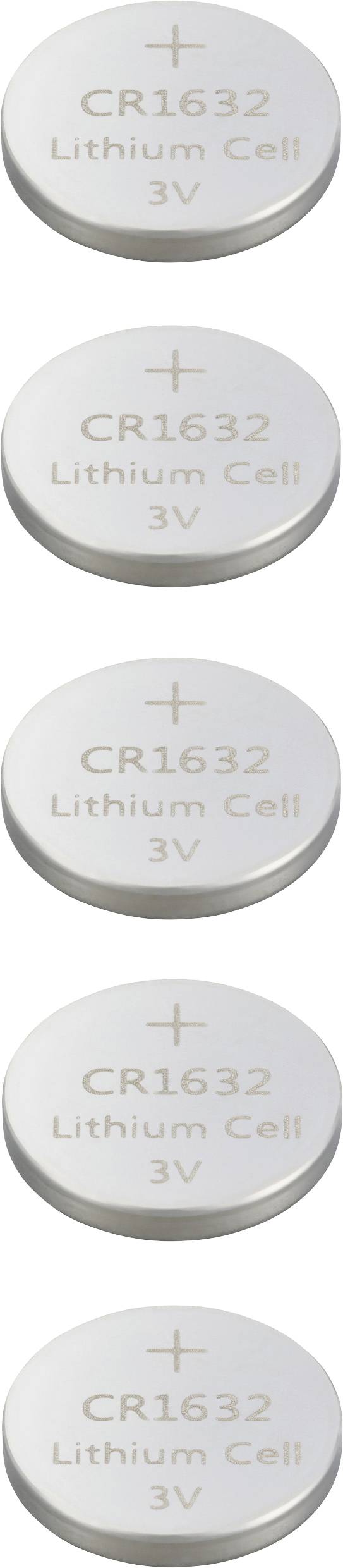 Pięć baterii guzikowych z napisem 'CR1632 Lithium Cell 3V', ułożonych w pionie.