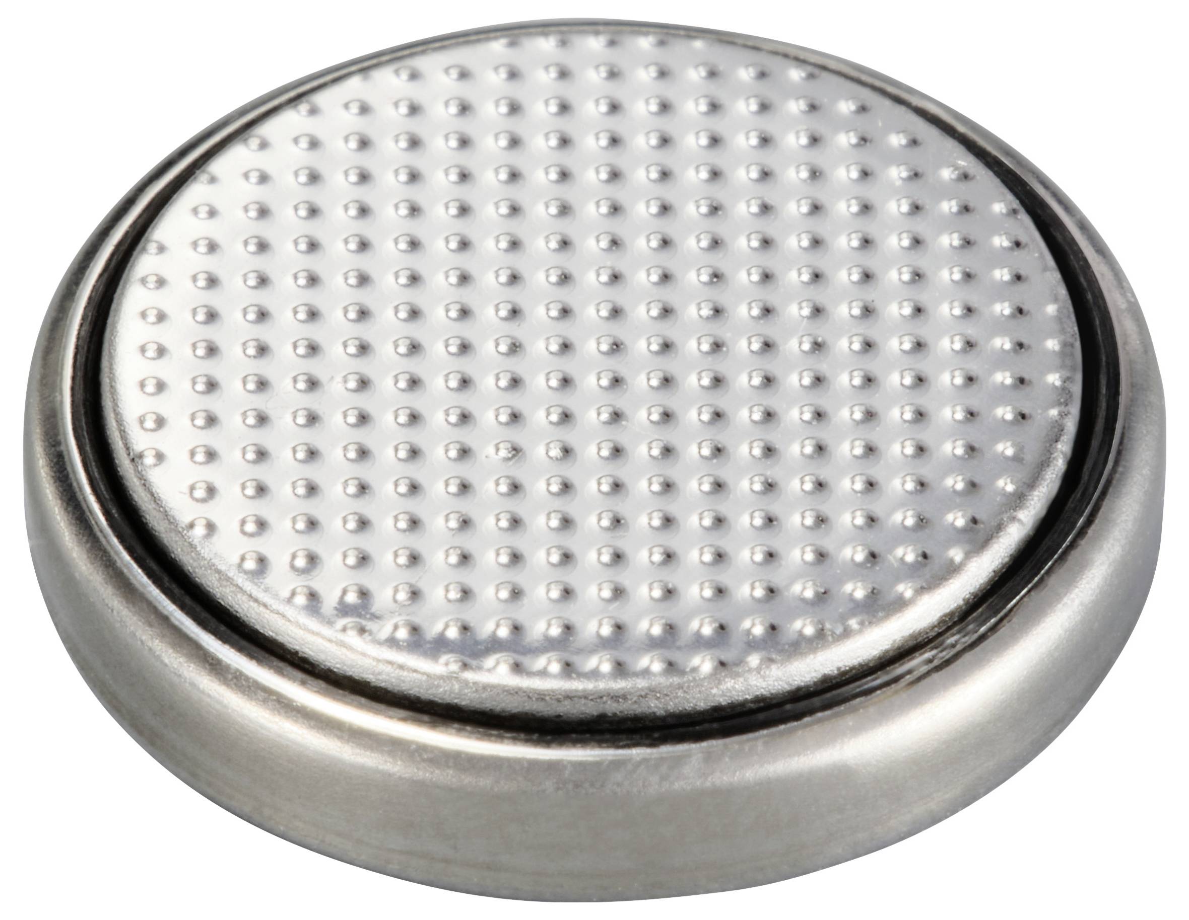 Srebrna bateria guzikowa z nakrapywaną powierzchnią, często stosowana w małych urządzeniach elektronicznych.